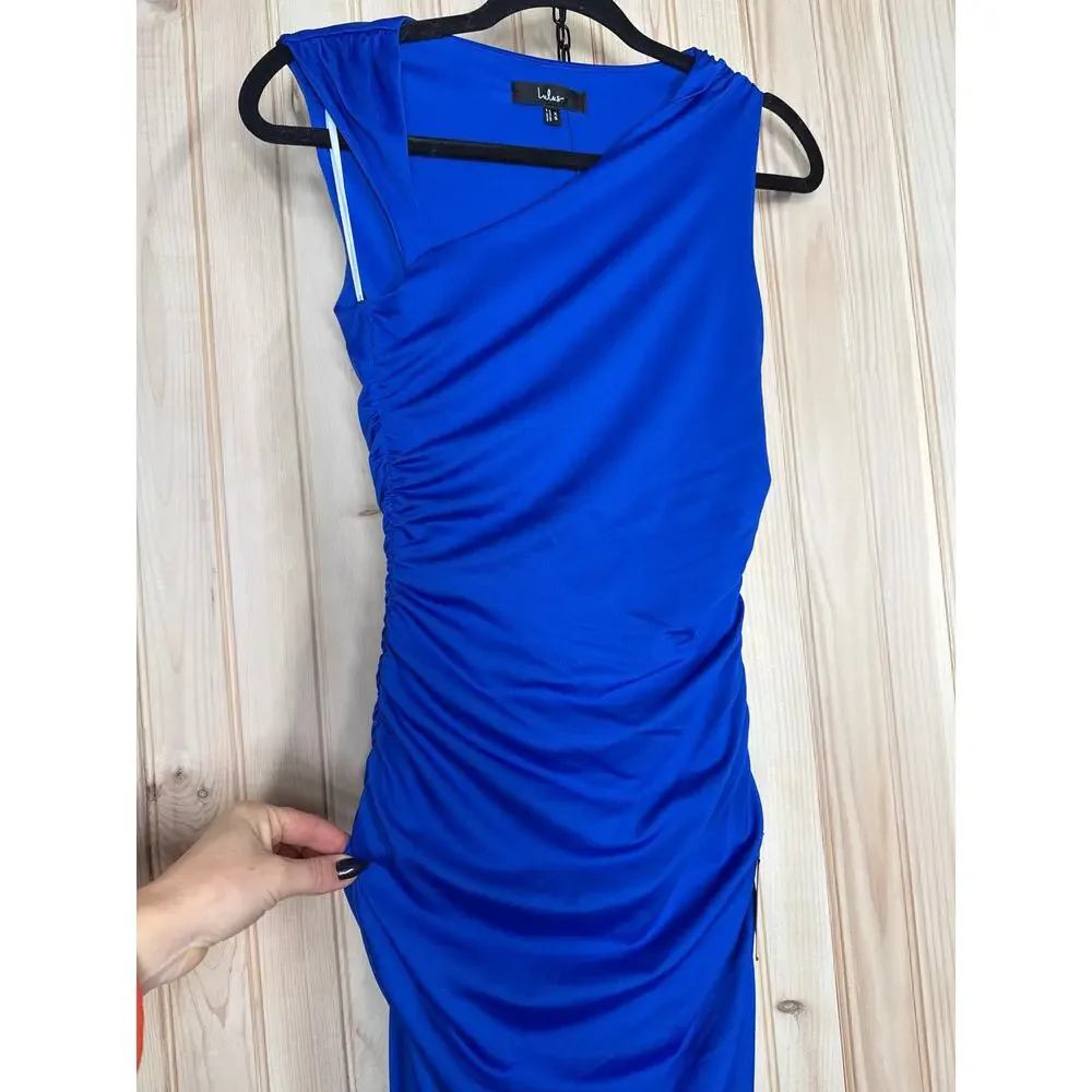 NWT Lulus Enticing Darling Royal Blue Asymmetrical Ruched Maxi Dress Gala Sz XS